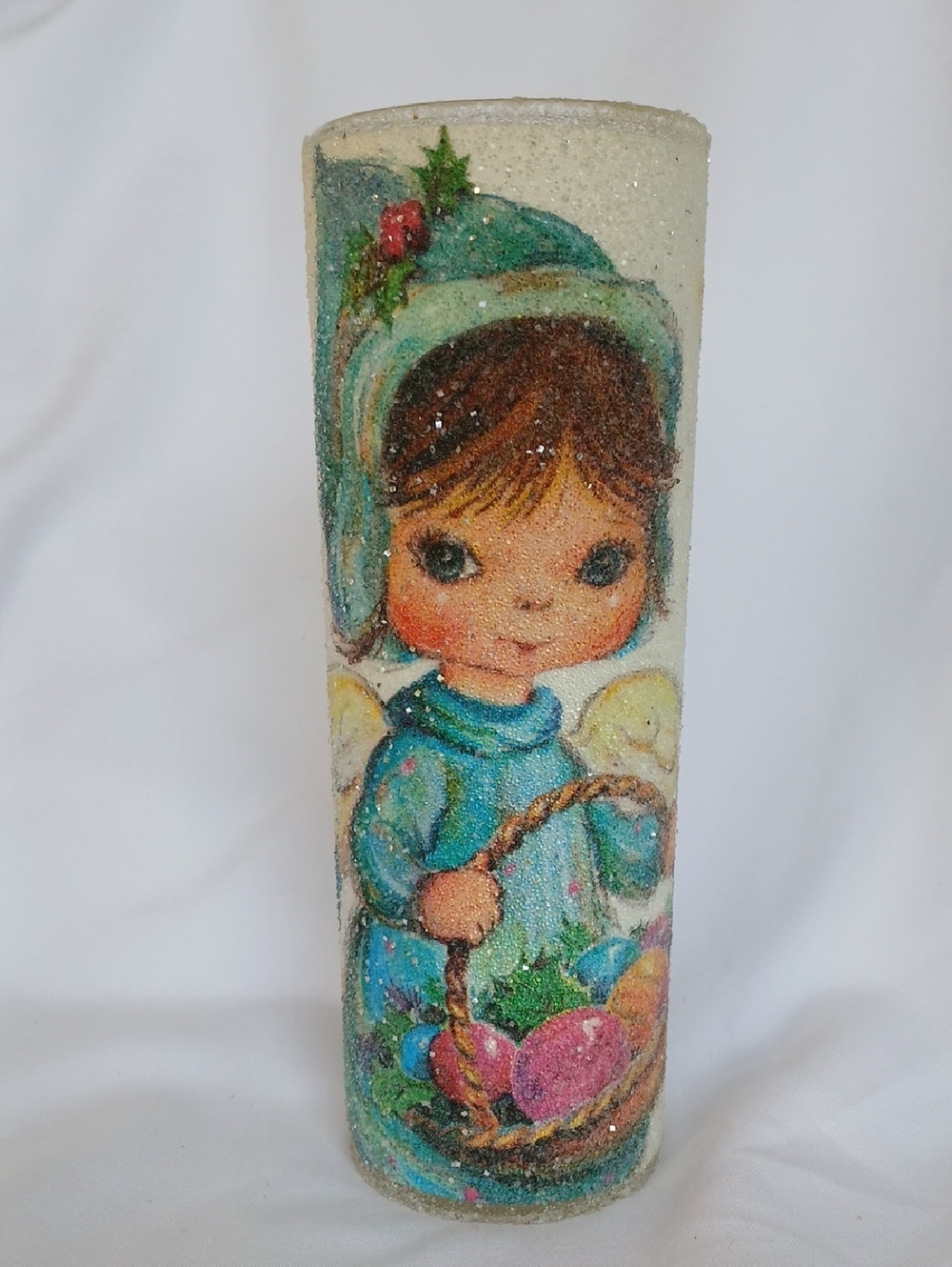Vtg 6.75" Sugar-frosted Angel Glitter Glass Pillar Candle